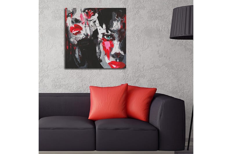 Lerretsbilde 45x45 cm - Portrett av to ansikter med sterke følelser - Rød / Svart / Grå - Interiør - Maleri & posters - Lerretsbilder
