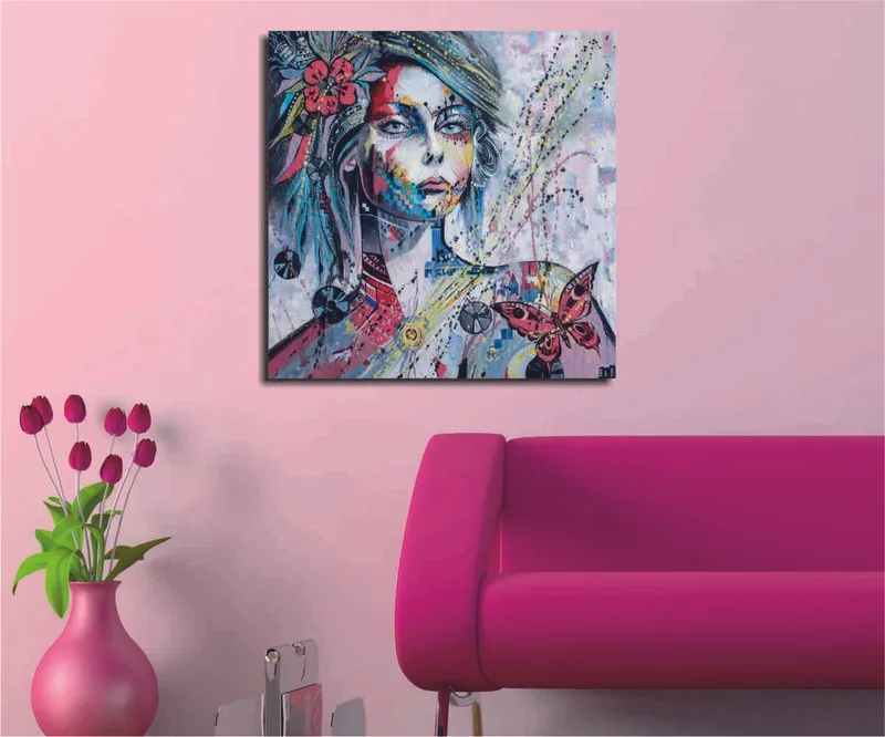 Lerretsbilde 45x45 cm - Portrett av en kvinne med fargerike detaljer og sommerfugler, Rosa / Blå / Grønn