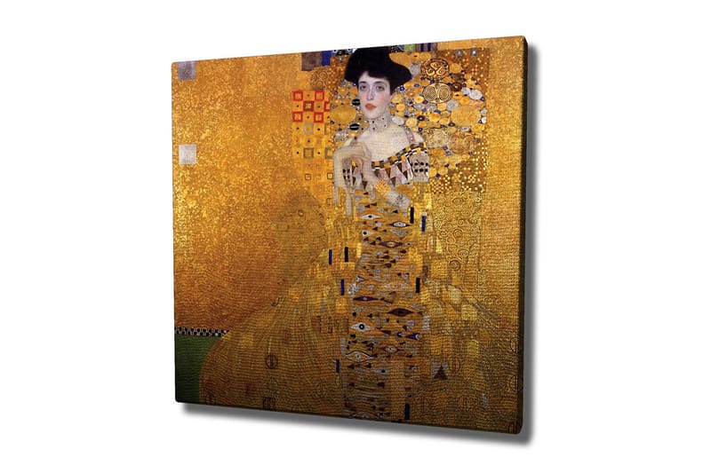 Lerretsbilde 45x45 cm - Portrett av en kvinne i en gyllen kjole med dekorative mønstre, Gull / Svart / Hvit