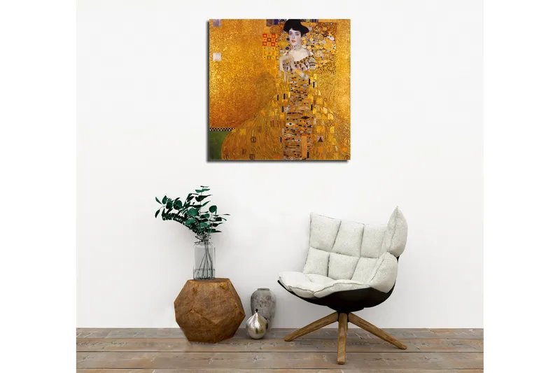 Lerretsbilde 45x45 cm - Portrett av en kvinne i en gyllen kjole med dekorative mønstre - Gull / Svart / Hvit - Interiør - Maleri & posters - Lerretsbilder