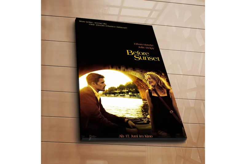 Lerretsbilde 45x70 cm - Romantisk scene mellom to personer ved en bro i solnedgangens lys - Gull / Svart / Brun - Interiør - Maleri & posters - Lerretsbilder