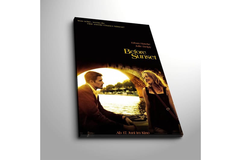 Lerretsbilde 45x70 cm - Romantisk scene mellom to personer ved en bro i solnedgangens lys - Gull / Svart / Brun - Interiør - Maleri & posters - Lerretsbilder