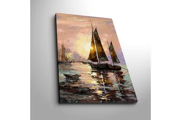 Lerretsbilde 45x70 cm - Seilbåter ved solnedgang ved havet - Blå / Brun / Oransje - Interiør - Maleri & posters - Lerretsbilder