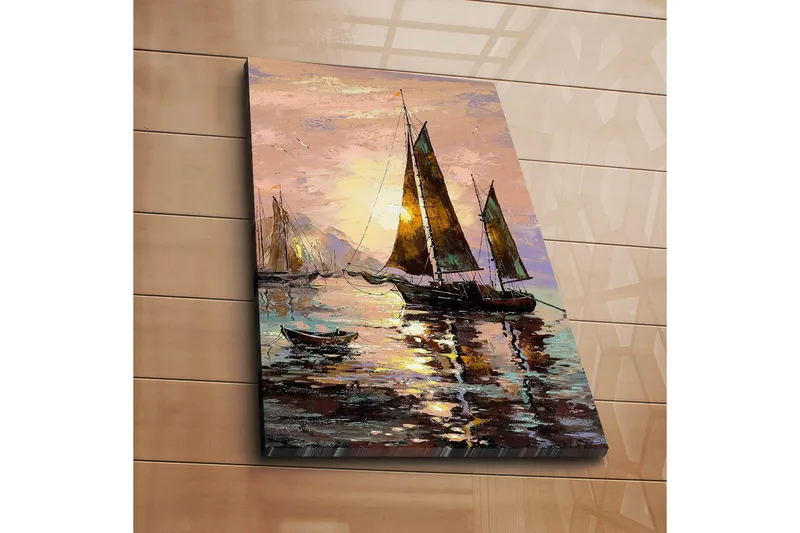 Lerretsbilde 45x70 cm - Seilbåter ved solnedgang ved havet - Blå / Brun / Oransje - Interiør - Maleri & posters - Lerretsbilder