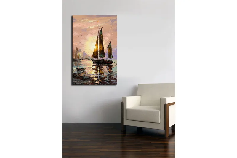 Lerretsbilde 45x70 cm - Seilbåter ved solnedgang ved havet - Blå / Brun / Oransje - Interiør - Maleri & posters - Lerretsbilder