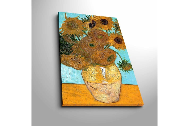 Lerretsbilde 45x70 cm - Solfylte solsikker i en vase med lys bakgrunn - Gul / Grønn / Brun - Interiør - Maleri & posters - Lerretsbilder
