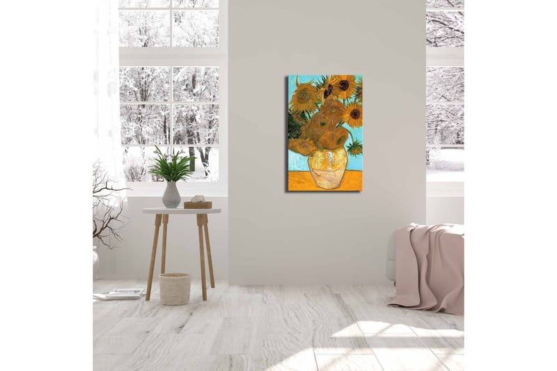 Lerretsbilde 45x70 cm - Solfylte solsikker i en vase med lys bakgrunn - Gul / Grønn / Brun - Interiør - Maleri & posters - Lerretsbilder