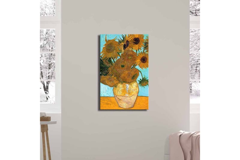 Lerretsbilde 45x70 cm - Solfylte solsikker i en vase med lys bakgrunn - Gul / Grønn / Brun - Interiør - Maleri & posters - Lerretsbilder