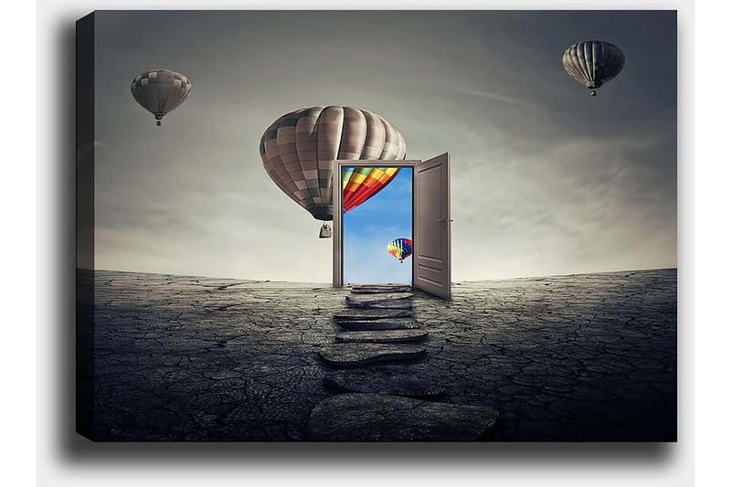 Lerretsbilde 70x100 cm - Åpen dør som fører til en fargerik himmel med varmluftsballonger som svever over et goldt landskap - Grå / Beige / Rød - Interiør - Maleri & posters - Lerretsbilder