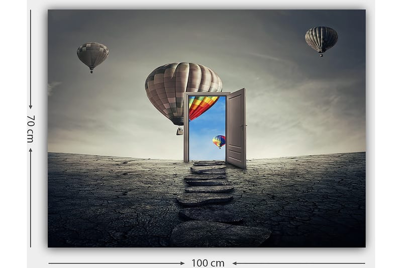 Lerretsbilde 70x100 cm - Åpen dør som fører til en fargerik himmel med varmluftsballonger som svever over et goldt landskap - Grå / Beige / Rød - Interiør - Maleri & posters - Lerretsbilder