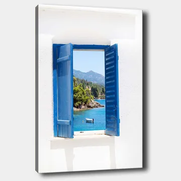 Lerretsbilde 70x100 cm - Åpen vindusskodde som gir utsikt over en blå innsjø og omkringliggende grøntområder - Blå / Grønn / Hvit - Interiør - Maleri & posters - Lerretsbilder