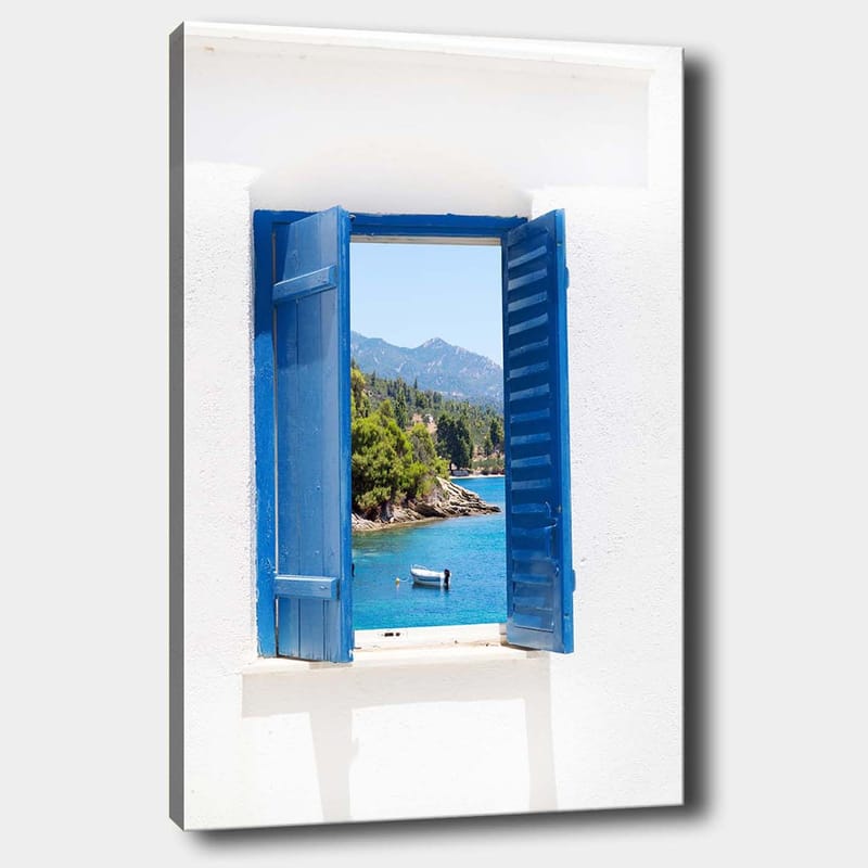 Lerretsbilde 70x100 cm - Åpen vindusskodde som gir utsikt over en blå innsjø og omkringliggende grøntområder, Blå / Grønn / Hvit