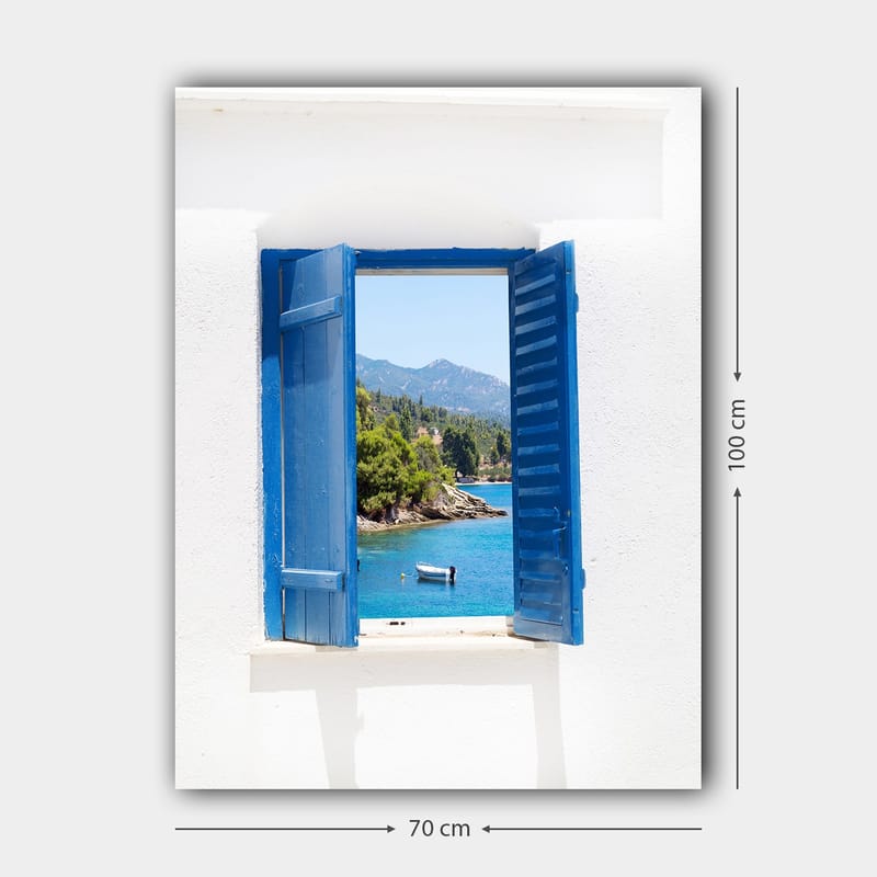 Lerretsbilde 70x100 cm - Åpen vindusskodde som gir utsikt over en blå innsjø og omkringliggende grøntområder - Blå / Grønn / Hvit - Interiør - Maleri & posters - Lerretsbilder