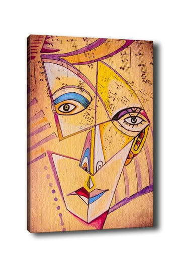 Lerretsbilde 70x100 cm - Abstrakt ansikt med geometriske former og sterke farger - Gul / Blå / Rosa - Interiør - Maleri & posters - Lerretsbilder