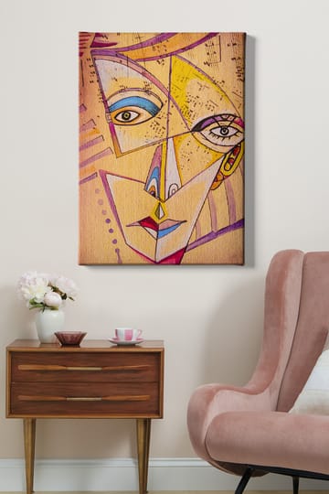 Lerretsbilde 70x100 cm - Abstrakt ansikt med geometriske former og sterke farger - Gul / Blå / Rosa - Interiør - Maleri & posters - Lerretsbilder