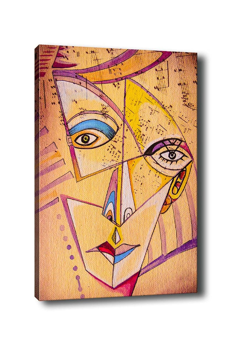 Lerretsbilde 70x100 cm - Abstrakt ansikt med geometriske former og sterke farger, Gul / Blå / Rosa