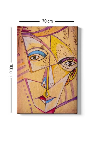 Lerretsbilde 70x100 cm - Abstrakt ansikt med geometriske former og sterke farger - Gul / Blå / Rosa - Interiør - Maleri & posters - Lerretsbilder