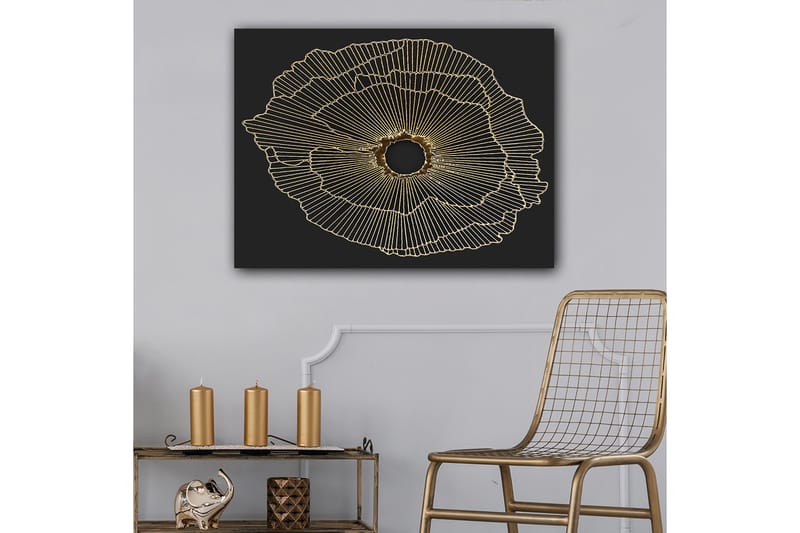 Lerretsbilde 70x100 cm - Abstrakt blomst med gulllinjer på svart bakgrunn, Gull / Svart
