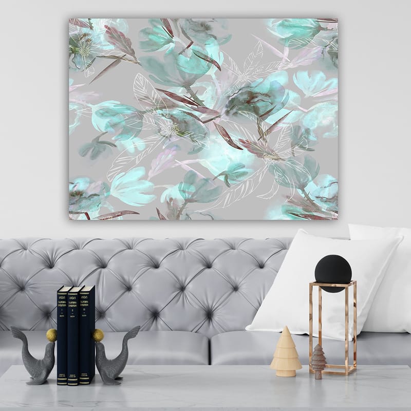 Lerretsbilde 70x100 cm - Abstrakt blomstermotiv i myke pastellfarger - Aqua / Grå / Brun - Interiør - Maleri & posters - Lerretsbilder