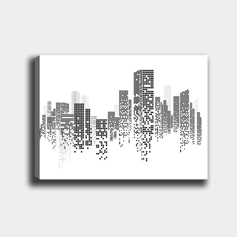 Lerretsbilde 70x100 cm - Abstrakt bybilde i svart-hvitt med pikselmønster, Svart / Hvit / Grå