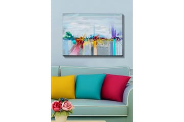 Lerretsbilde 70x100 cm - Abstrakt bysilhuett med fargerike elementer og refleksjoner - Blå / Lilla / Oransje - Interiør - Maleri & posters - Lerretsbilder