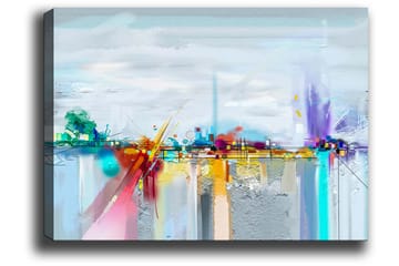 Lerretsbilde 70x100 cm - Abstrakt bysilhuett med fargerike elementer og refleksjoner - Blå / Lilla / Oransje - Interiør - Maleri & posters - Lerretsbilder