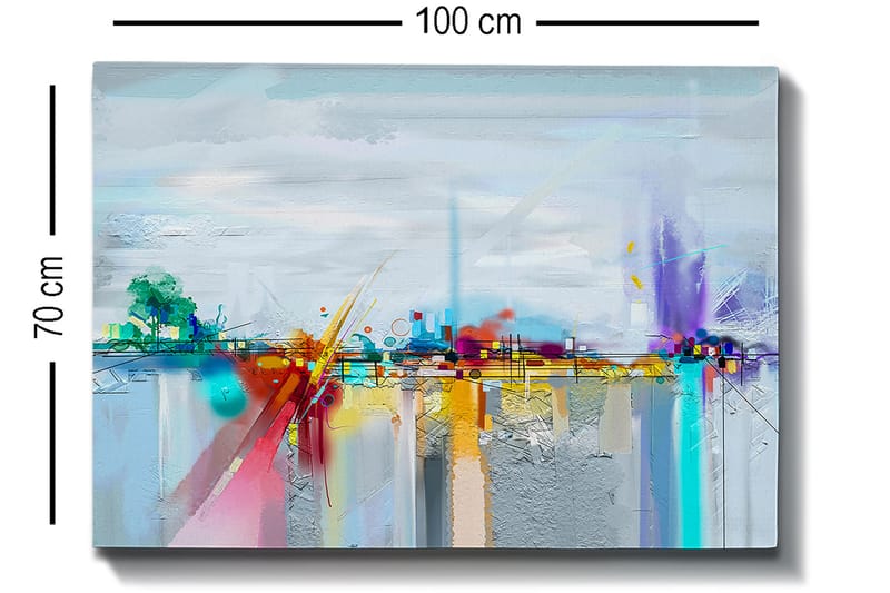 Lerretsbilde 70x100 cm - Abstrakt bysilhuett med fargerike elementer og refleksjoner - Blå / Lilla / Oransje - Interiør - Maleri & posters - Lerretsbilder