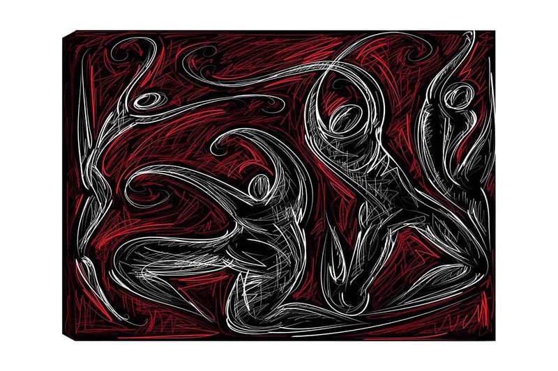 Lerretsbilde 70x100 cm - Abstrakt dans med dynamiske figurer som uttrykker bevegelse og energi, Rød / Svart / Hvit