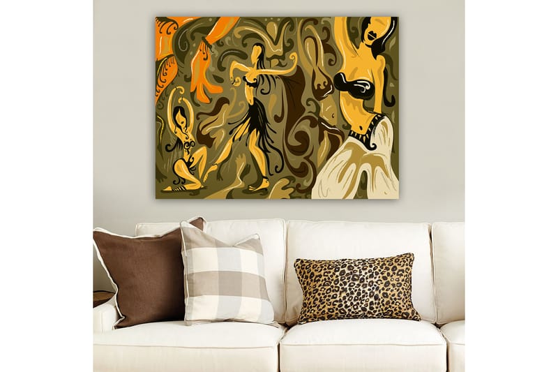 Lerretsbilde 70x100 cm - Abstrakt dansemotiv med kvinnelige figurer i livlige positurer - Gull / Brun / Olivengrønn - Interiør - Maleri & posters - Lerretsbilder