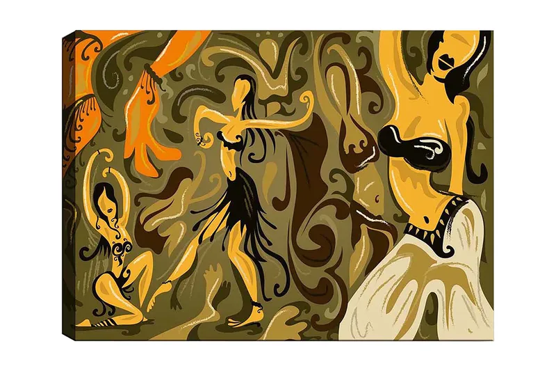 Lerretsbilde 70x100 cm - Abstrakt dansemotiv med kvinnelige figurer i livlige positurer, Gull / Brun / Olivengrønn