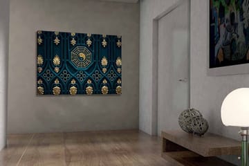 Lerretsbilde 70x100 cm - Abstrakt design med yin-yang-symbolet og dekorative elementer i gull og blått - Mørk blå / Gull - Interiør - Maleri & posters - Lerretsbilder