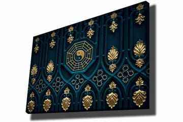 Lerretsbilde 70x100 cm - Abstrakt design med yin-yang-symbolet og dekorative elementer i gull og blått - Mørk blå / Gull - Interiør - Maleri & posters - Lerretsbilder
