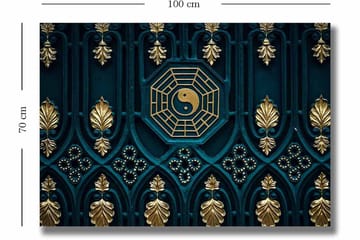 Lerretsbilde 70x100 cm - Abstrakt design med yin-yang-symbolet og dekorative elementer i gull og blått - Mørk blå / Gull - Interiør - Maleri & posters - Lerretsbilder