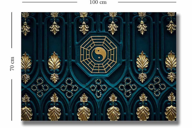 Lerretsbilde 70x100 cm - Abstrakt design med yin-yang-symbolet og dekorative elementer i gull og blått - Mørk blå / Gull - Interiør - Maleri & posters - Lerretsbilder