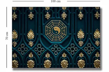 Lerretsbilde 70x100 cm - Abstrakt design med yin-yang-symbolet og dekorative elementer i gull og blått - Mørk blå / Gull - Interiør - Maleri & posters - Lerretsbilder