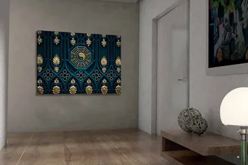 Lerretsbilde 70x100 cm - Abstrakt design med yin-yang-symbolet og dekorative elementer i gull og blått - Mørk blå / Gull - Interiør - Maleri & posters - Lerretsbilder