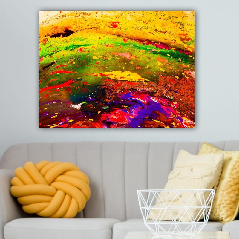 Lerretsbilde 70x100 cm - Abstrakt fargeeksplosjon med dynamiske mønstre og livlige fargetoner - Gul / Grønn / Rød - Interiør - Maleri & posters - Lerretsbilder