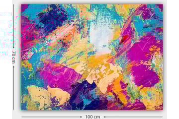 Lerretsbilde 70x100 cm - Abstrakt fargeeksplosjon med livlige fargetoner som skaper en dynamisk følelse - Turkis / Lilla / Oransje - Interiør - Maleri & posters - Lerretsbilder