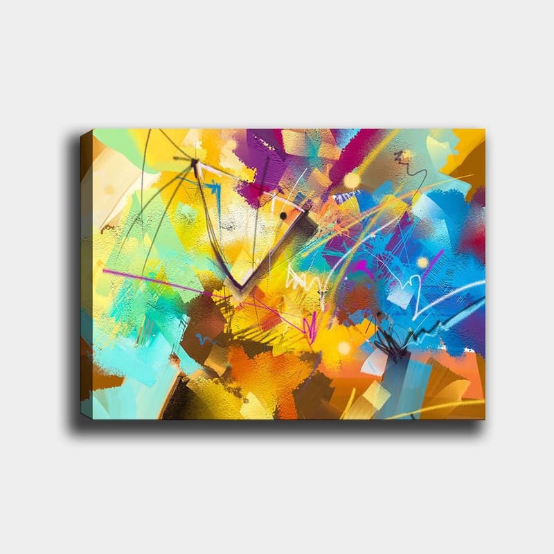 Lerretsbilde 70x100 cm - Abstrakt fargerik komposisjon med dynamiske former og linjer, Gul / Blå / Turkis