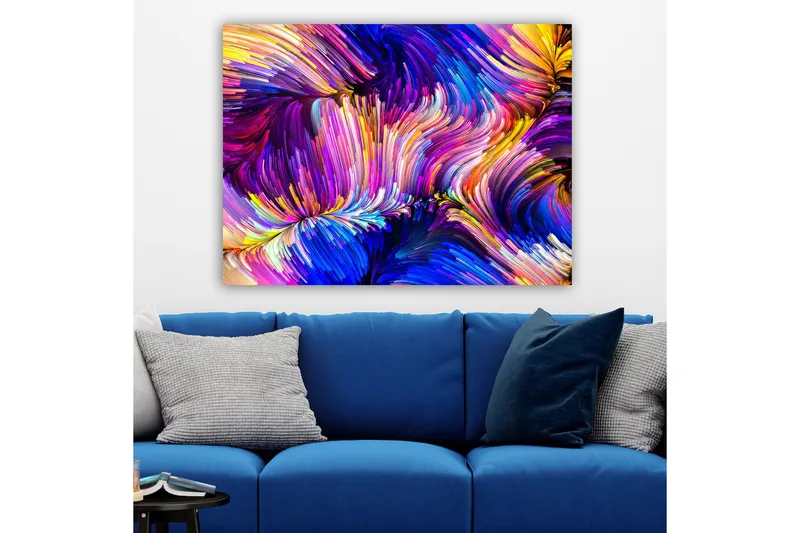 Lerretsbilde 70x100 cm - Abstrakt fargerik komposisjon med feiende linjer og former - Lilla / Blå / Gul - Interiør - Maleri & posters - Lerretsbilder