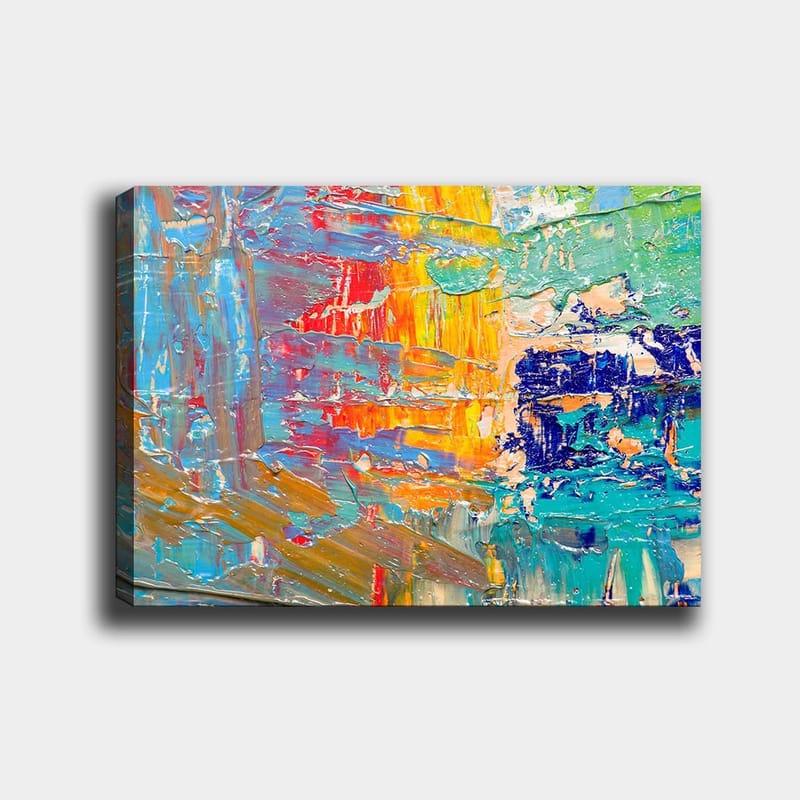 Lerretsbilde 70x100 cm - Abstrakt fargespill med elementer av blått, gult og oransje, Blå / Gul / Oransje