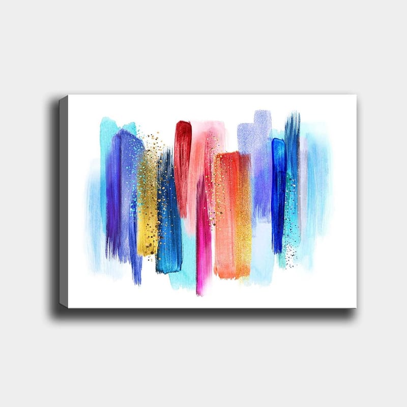 Lerretsbilde 70x100 cm - Abstrakt fargespill med vertikale penselstrøk i livlige nyanser, Blå / Rød / Rosa