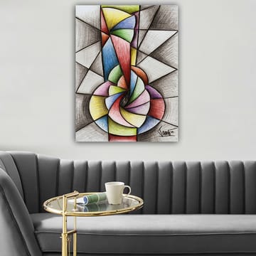 Lerretsbilde 70x100 cm - Abstrakt geometrisk komposisjon med en spiralform som dominerer motivet - Grønn / Blå / Rød - Interiør - Maleri & posters - Lerretsbilder