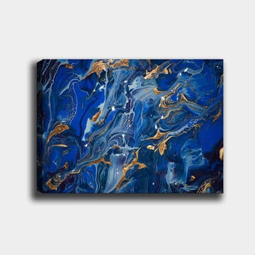 Lerretsbilde 70x100 cm - Abstrakt havmotiv med virvlende blå nyanser og innslag av gull - Mørk blå / Lys blå / Gull - Interiør - Maleri & posters - Lerretsbilder
