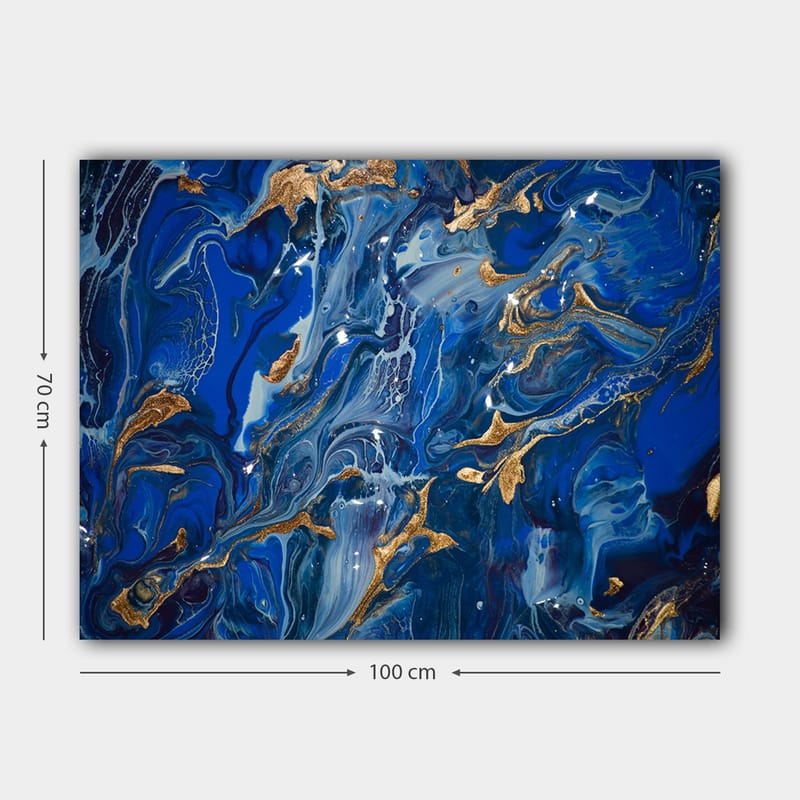 Lerretsbilde 70x100 cm - Abstrakt havmotiv med virvlende blå nyanser og innslag av gull - Mørk blå / Lys blå / Gull - Interiør - Maleri & posters - Lerretsbilder