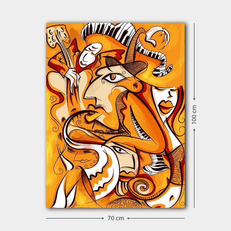 Lerretsbilde 70x100 cm - Abstrakt komposisjon av ansikter og former i varme oransje nyanser - Oransje / Hvit / Svart - Interiør - Maleri & posters - Lerretsbilder