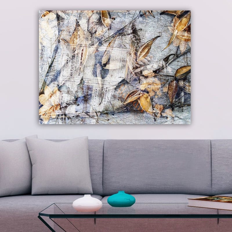 Lerretsbilde 70x100 cm - Abstrakt komposisjon av blader og avispapir som skaper en følelse av natur og tidens gang - Grå / Beige / Brun - Interiør - Maleri & posters - Lerretsbilder