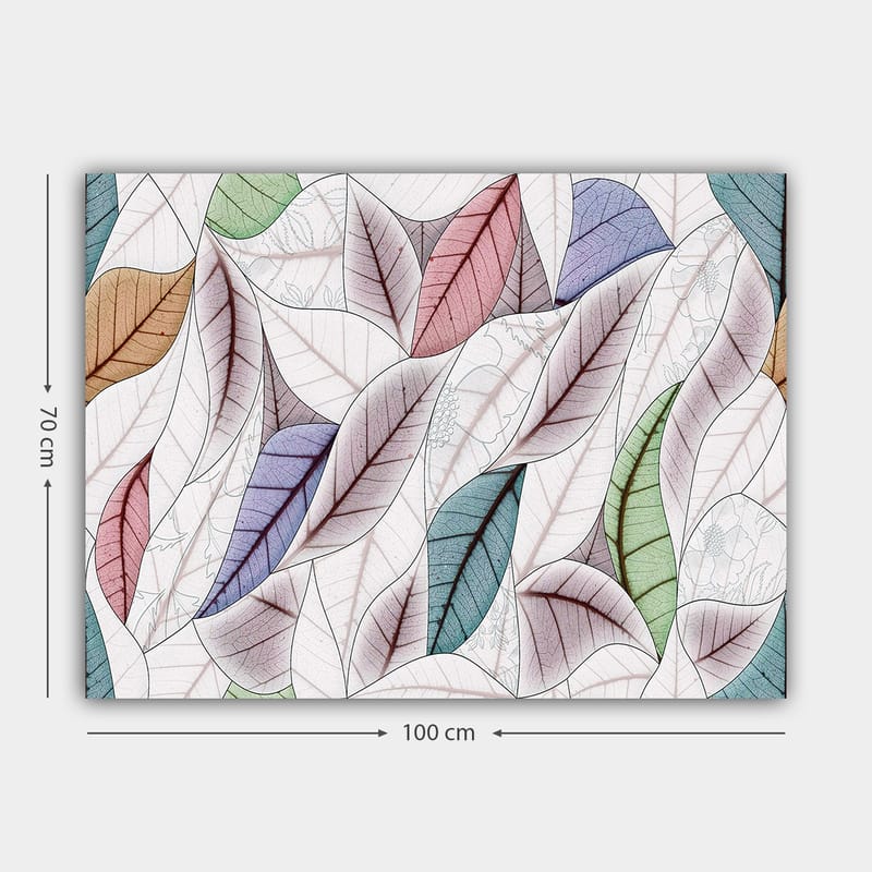 Lerretsbilde 70x100 cm - Abstrakt komposisjon av fargerike blader i forskjellige former og nyanser - Grønn / Rød / Blå - Interiør - Maleri & posters - Lerretsbilder
