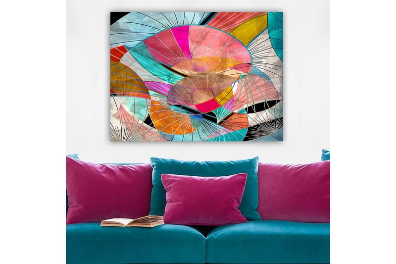 Lerretsbilde 70x100 cm - Abstrakt komposisjon av fargerike former som minner om blader eller skjermer - Rosa / Turkis / Oransje - Interiør - Maleri & posters - Lerretsbilder