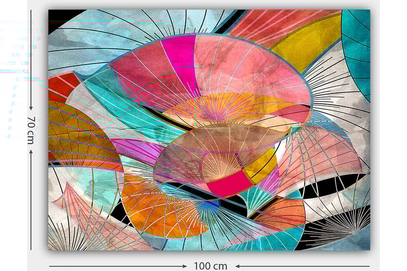 Lerretsbilde 70x100 cm - Abstrakt komposisjon av fargerike former som minner om blader eller skjermer - Rosa / Turkis / Oransje - Interiør - Maleri & posters - Lerretsbilder